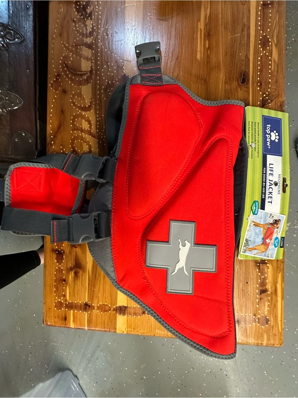 Top Paw Red Neoprene Dog Life Jacket with Gray Trim and Reflective Cross